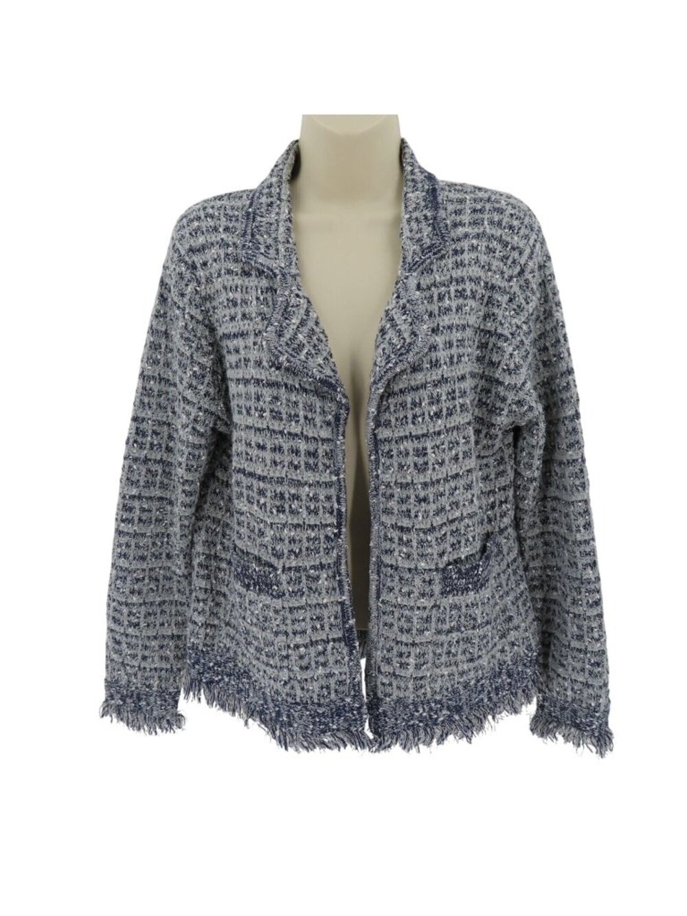 Sioni Womens Large Woven Blue Gray Long Sleeve Fringe Trim Open Cardigan Blazer